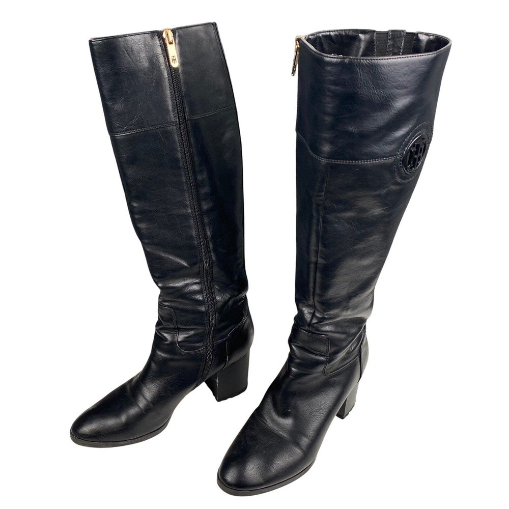 Tommy Hilfiger Womens Black Leather Knee High Riding Boots Size 8 Block Heel Zip